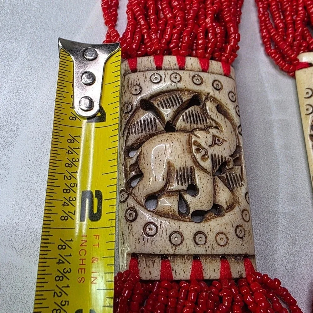 Vintage‎ Red Multi Strand Seed Bead Elephant Carved Statement Necklace Boho